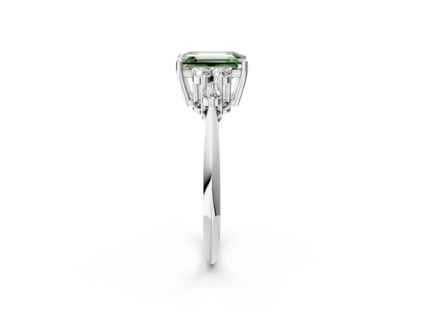 Platinum Fancy Green Emerald Cut Cut Diamond Cluster Ring with Solitaire Band and Four-Prong Setting