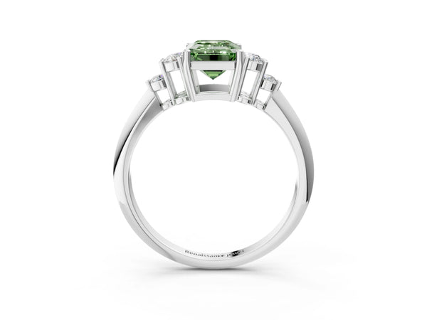 Platinum Fancy Green Emerald Cut Cut Diamond Cluster Ring with Solitaire Band and Four-Prong Setting
