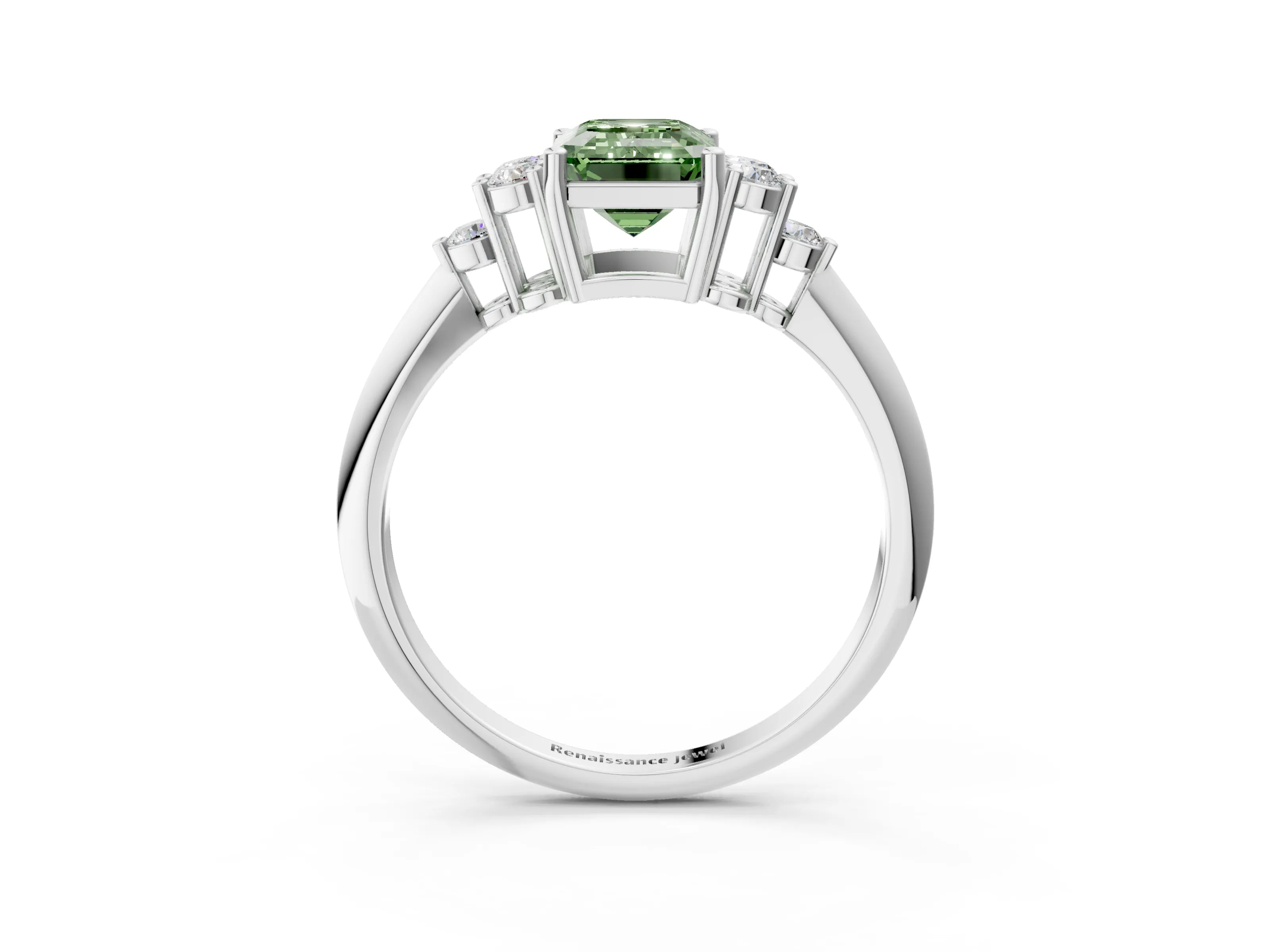 White gold Fancy Green Emerald Cut Cut Diamond Cluster Ring with Solitaire Band and Four-Prong Setting_51