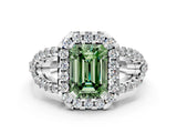 White gold Fancy Green Emerald Cut Cut Diamond Halo Engagement Ring with Open Split Pavé Band