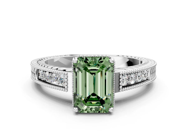 Platinum Fancy Green Emerald Cut Cut Diamond Milgrain Pave Band Four-Prong Setting Ring