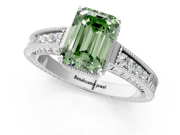 Platinum Fancy Green Emerald Cut Cut Diamond Milgrain Pave Band Four-Prong Setting Ring