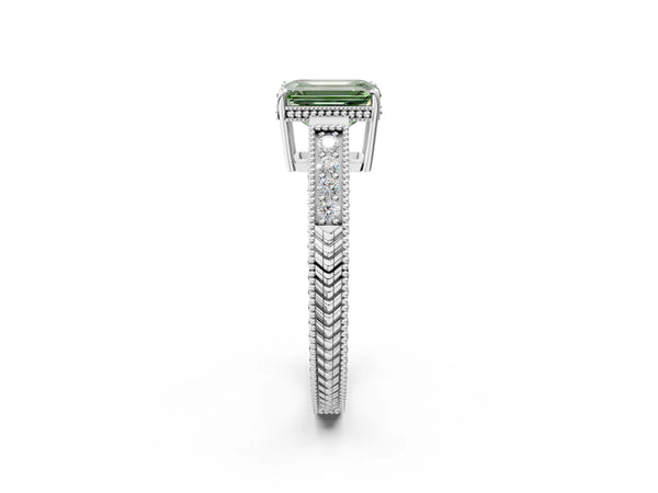 Platinum Fancy Green Emerald Cut Cut Diamond Milgrain Pave Band Four-Prong Setting Ring