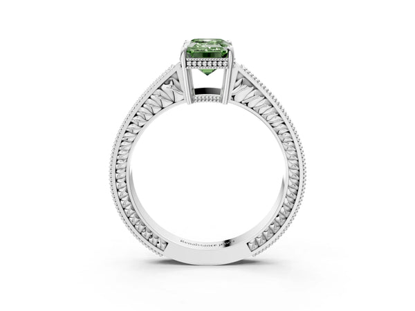 Platinum Fancy Green Emerald Cut Cut Diamond Milgrain Pave Band Four-Prong Setting Ring