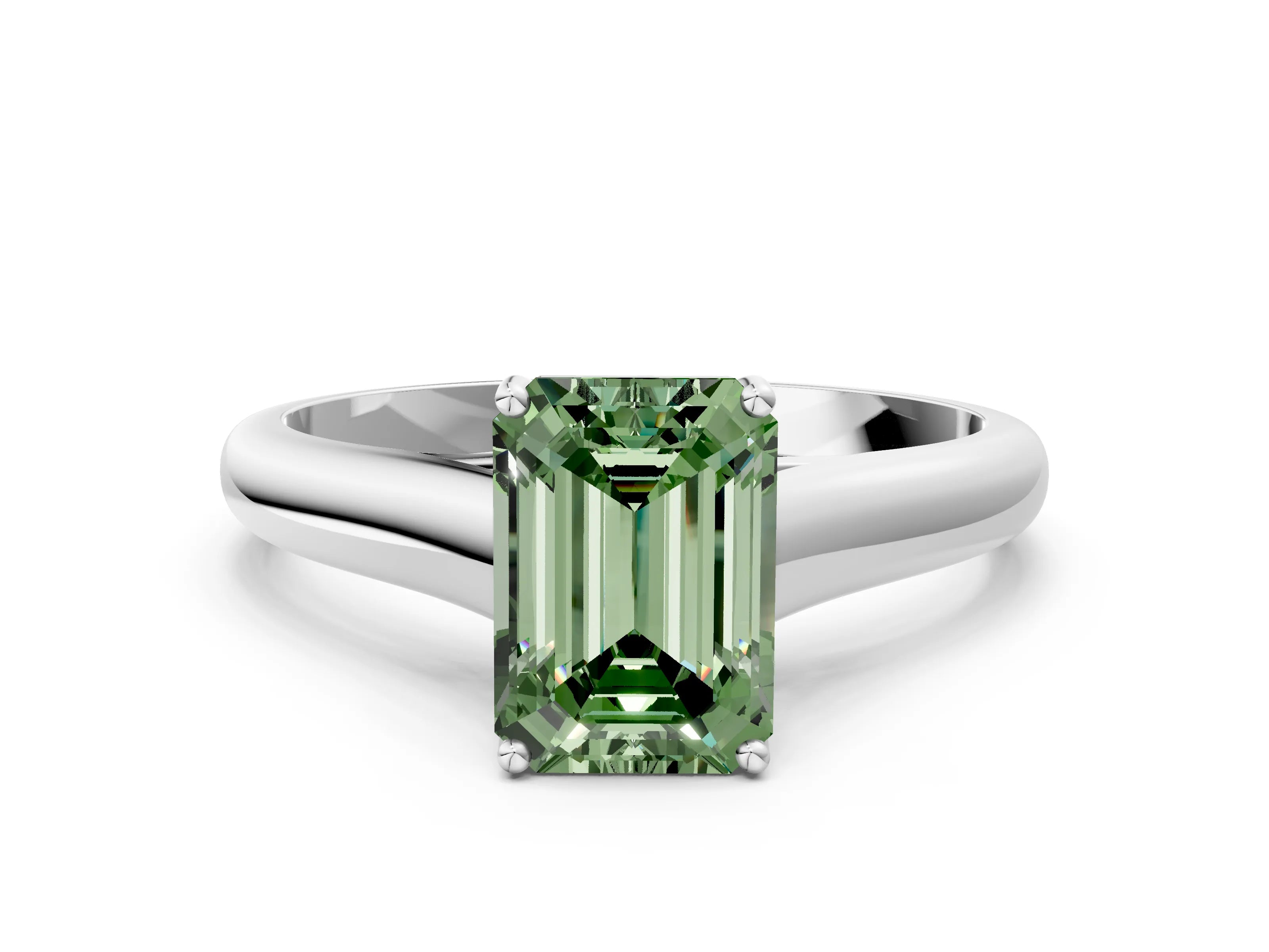White gold Fancy Green Emerald Cut Cut Diamond Solitaire Engagement Ring with Tapered Plain Band and Four-Prong Setting_12