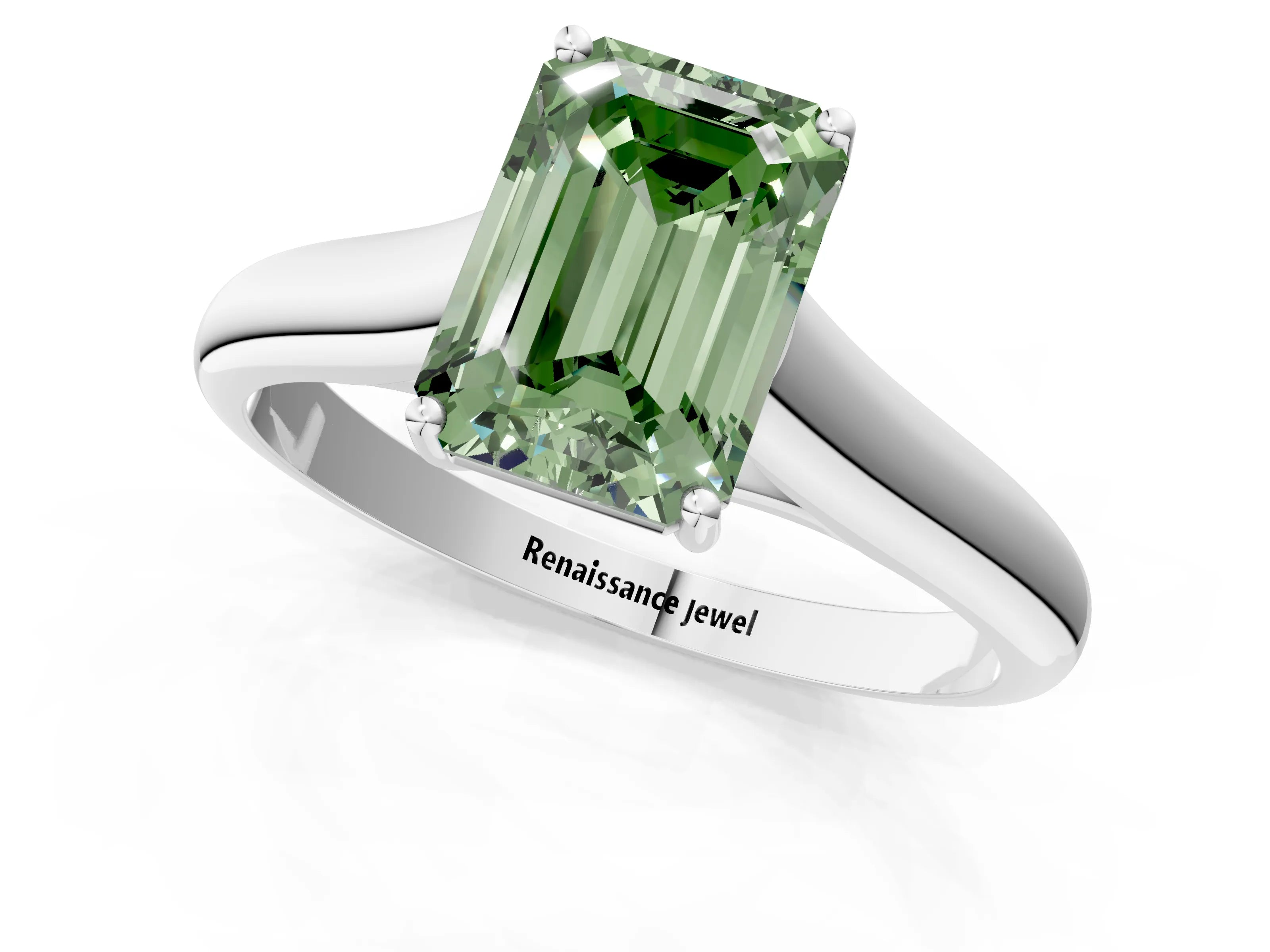 White gold Fancy Green Emerald Cut Cut Diamond Solitaire Engagement Ring with Tapered Plain Band and Four-Prong Setting_13