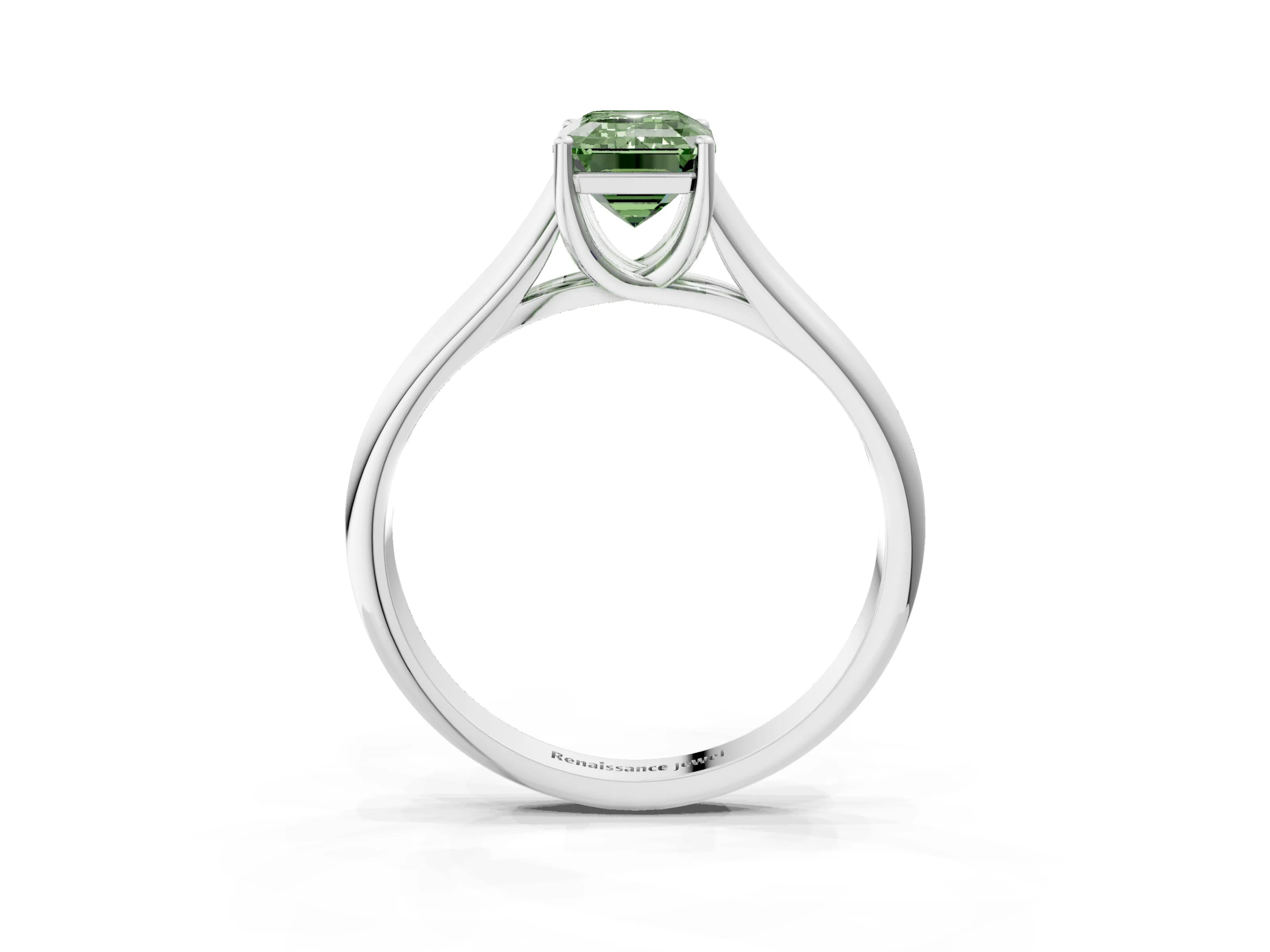 White gold Fancy Green Emerald Cut Cut Diamond Solitaire Engagement Ring with Tapered Plain Band and Four-Prong Setting_3