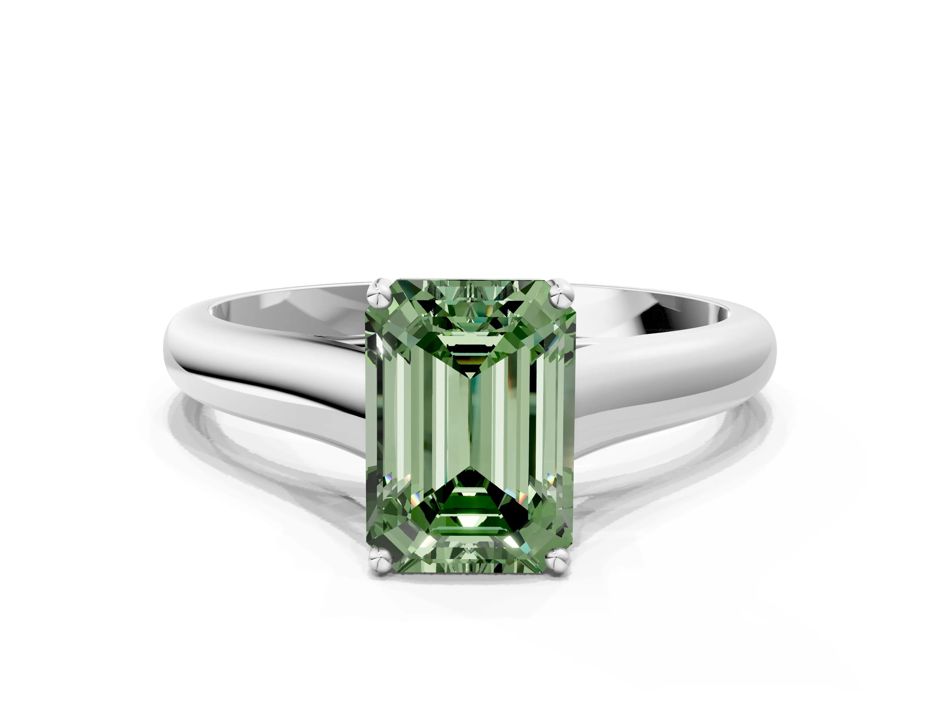 White gold Fancy Green Emerald Cut Cut Diamond Solitaire Engagement Ring with Tapered Plain Band and Four-Prong Setting