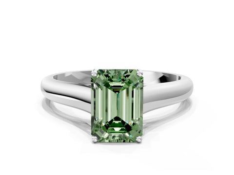 White gold Fancy Green Emerald Cut Cut Diamond Solitaire Engagement Ring with Tapered Plain Band and Four-Prong Setting