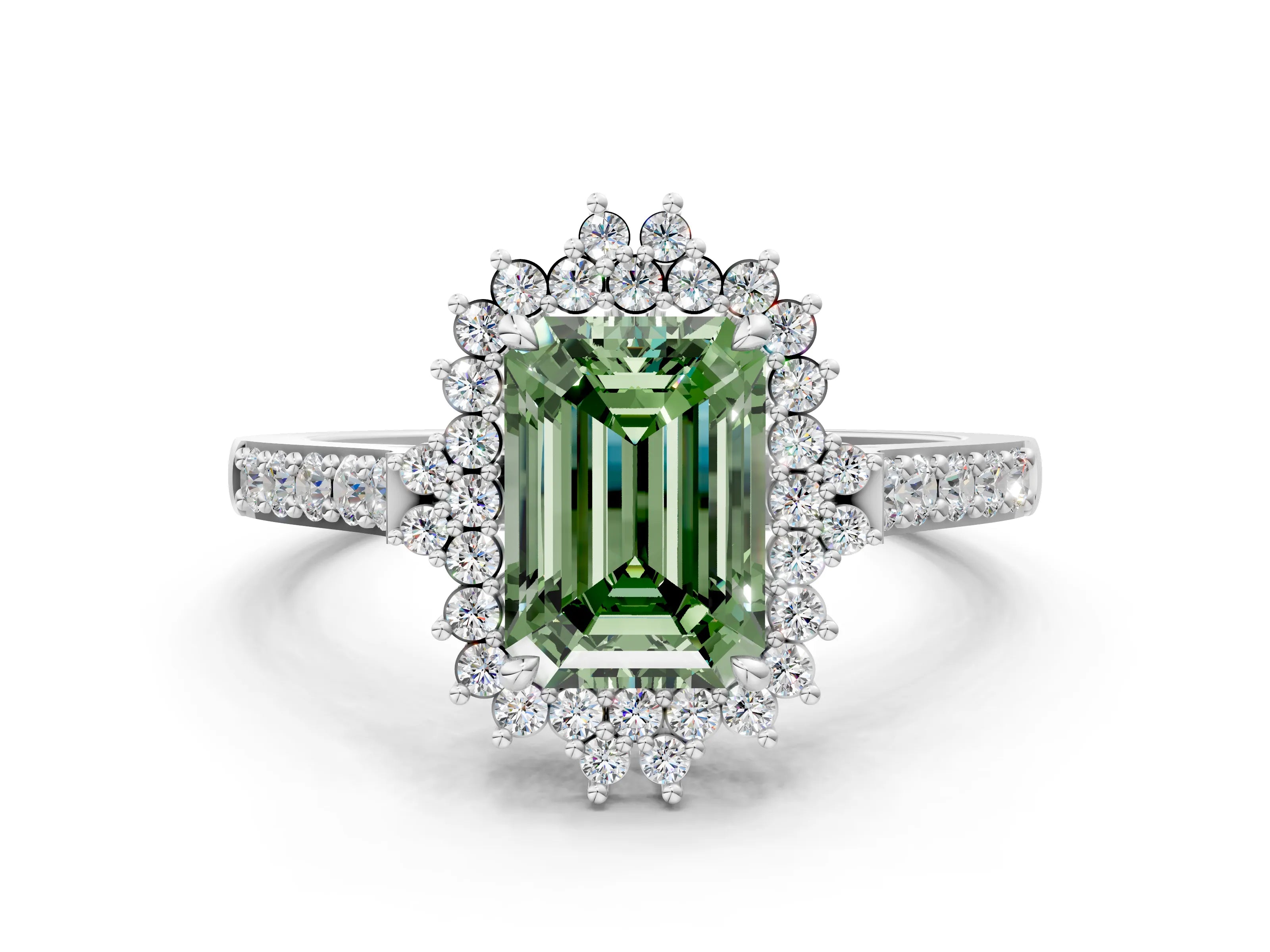 White gold Fancy Green Emerald Cut Cut Diamond Sunburst Halo Engagement Ring with Pavé Band_12