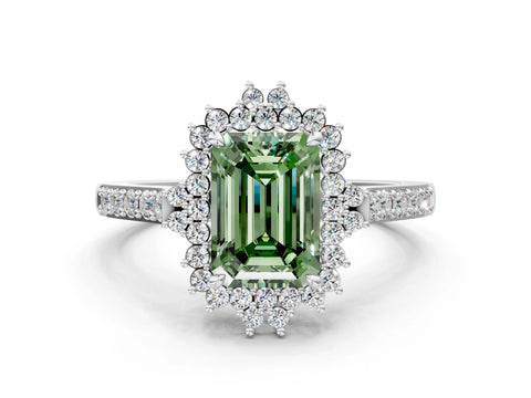 White gold Fancy Green Emerald Cut Cut Diamond Sunburst Halo Engagement Ring with Pavé Band_12