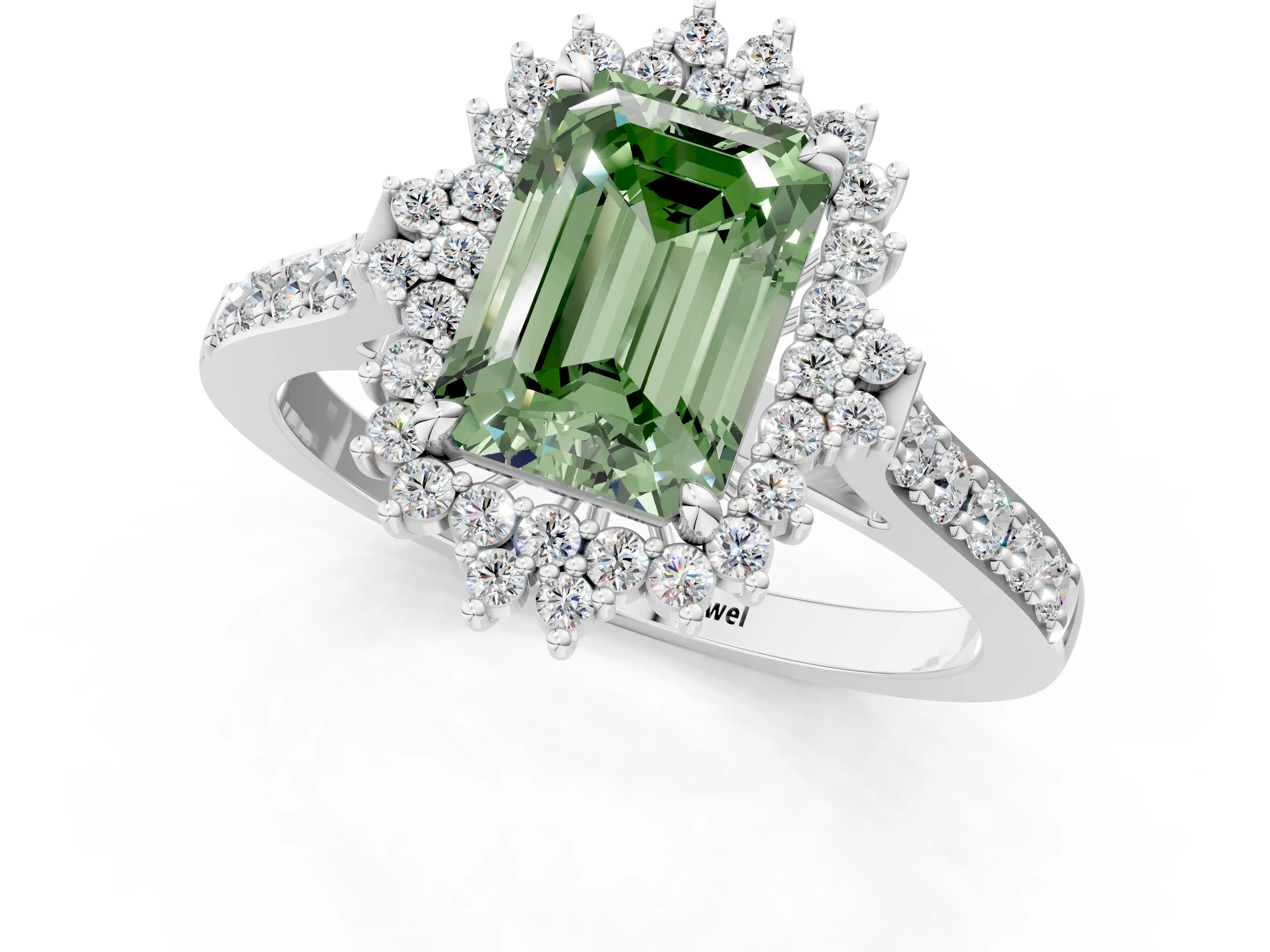 White gold Fancy Green Emerald Cut Cut Diamond Sunburst Halo Engagement Ring with Pavé Band_13