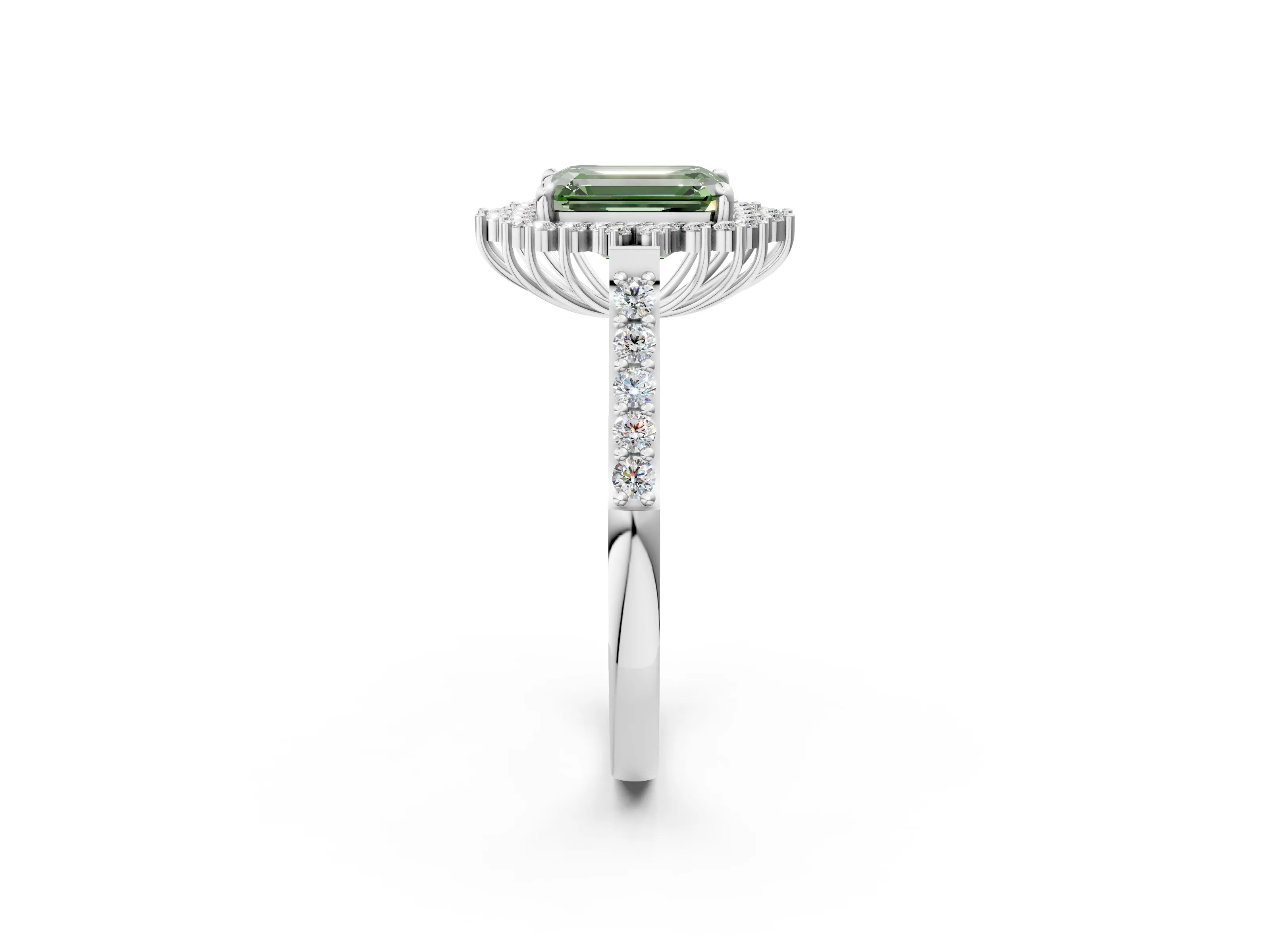 White gold Fancy Green Emerald Cut Cut Diamond Sunburst Halo Engagement Ring with Pavé Band_14