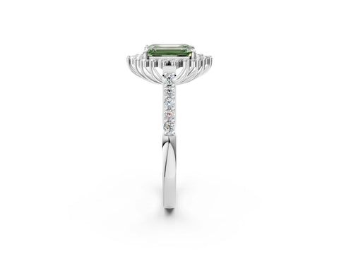 White gold Fancy Green Emerald Cut Cut Diamond Sunburst Halo Engagement Ring with Pavé Band_14