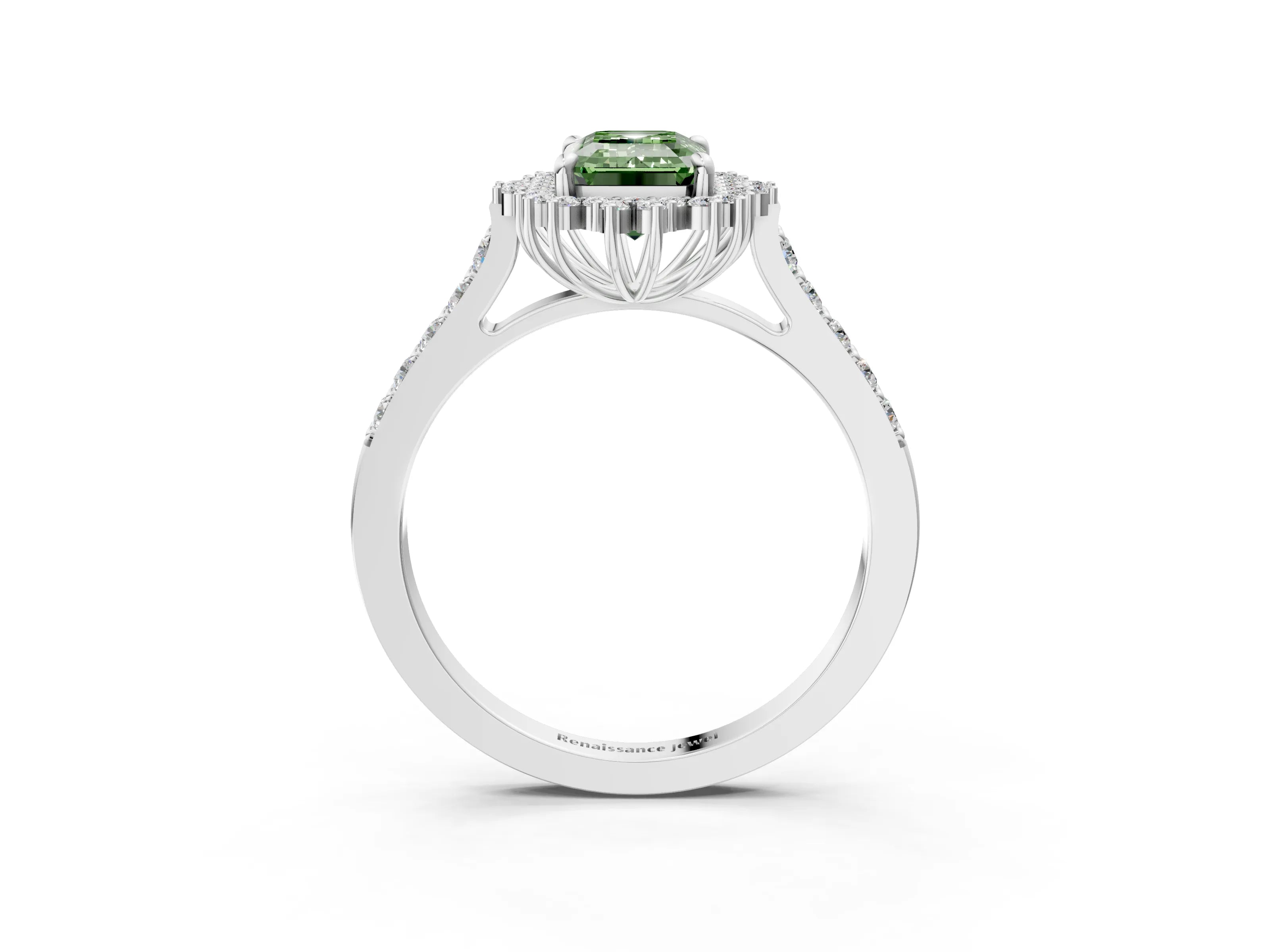 White gold Fancy Green Emerald Cut Cut Diamond Sunburst Halo Engagement Ring with Pavé Band_15