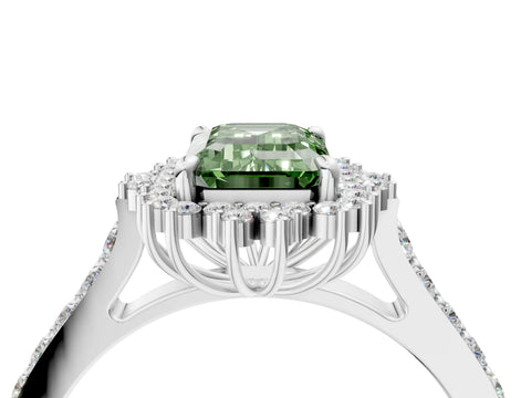 White gold Fancy Green Emerald Cut Cut Diamond Sunburst Halo Engagement Ring with Pavé Band_16