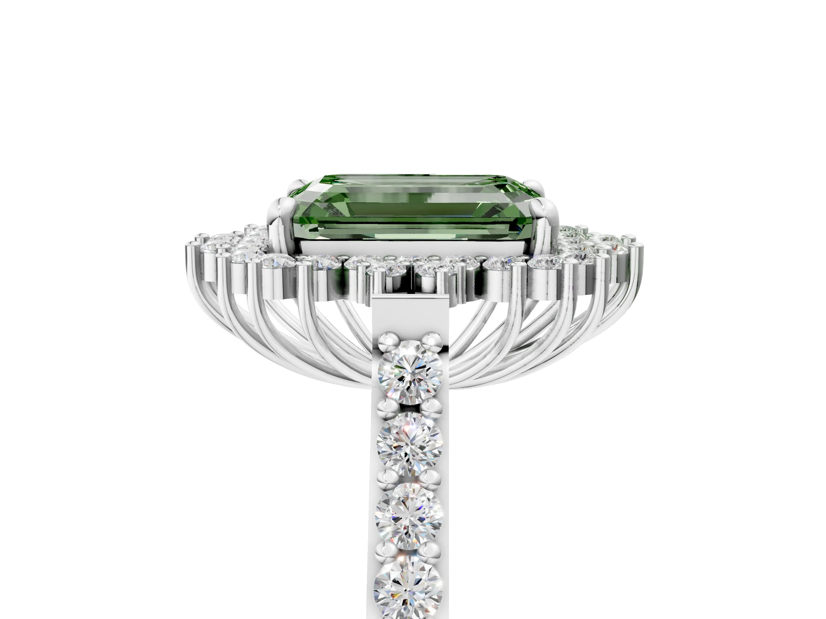 White gold Fancy Green Emerald Cut Cut Diamond Sunburst Halo Engagement Ring with Pavé Band_17