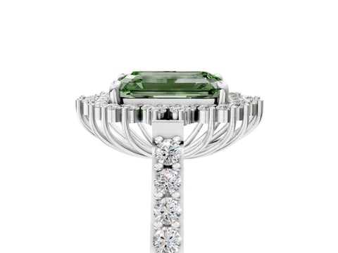 White gold Fancy Green Emerald Cut Cut Diamond Sunburst Halo Engagement Ring with Pavé Band_17