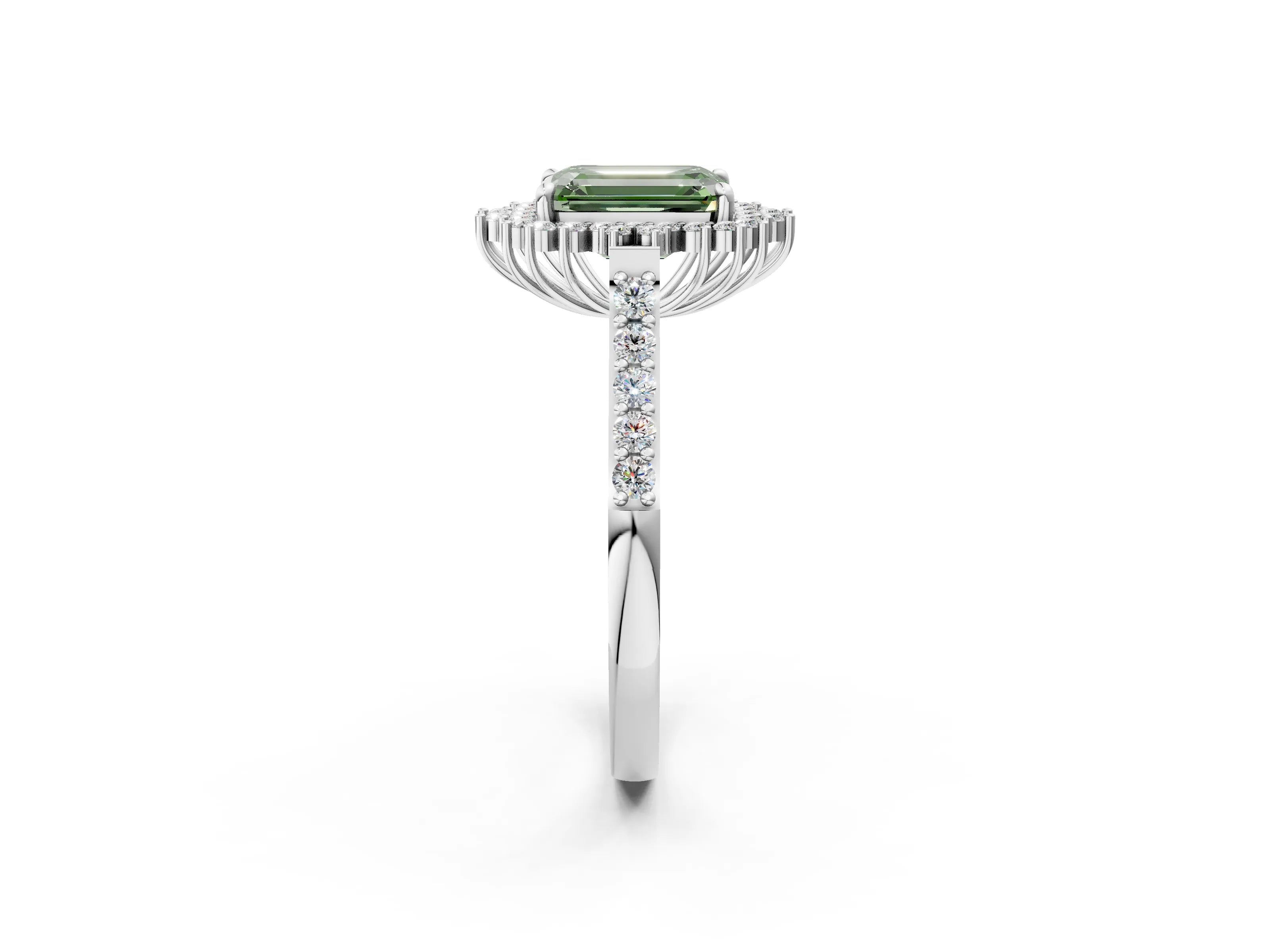 White gold Fancy Green Emerald Cut Cut Diamond Sunburst Halo Engagement Ring with Pavé Band_2