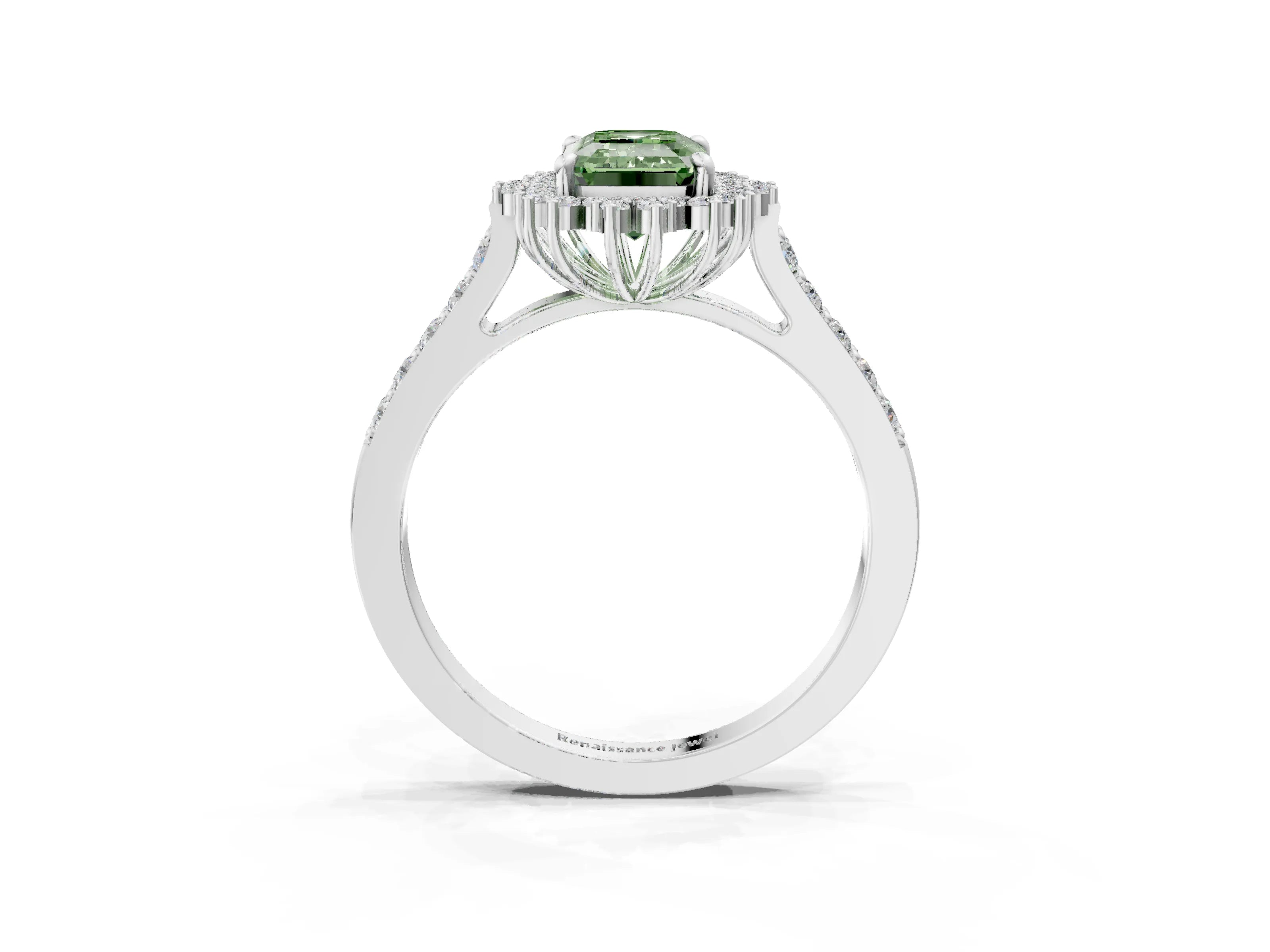 White gold Fancy Green Emerald Cut Cut Diamond Sunburst Halo Engagement Ring with Pavé Band_3