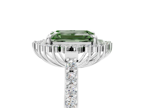 White gold Fancy Green Emerald Cut Cut Diamond Sunburst Halo Engagement Ring with Pavé Band_5