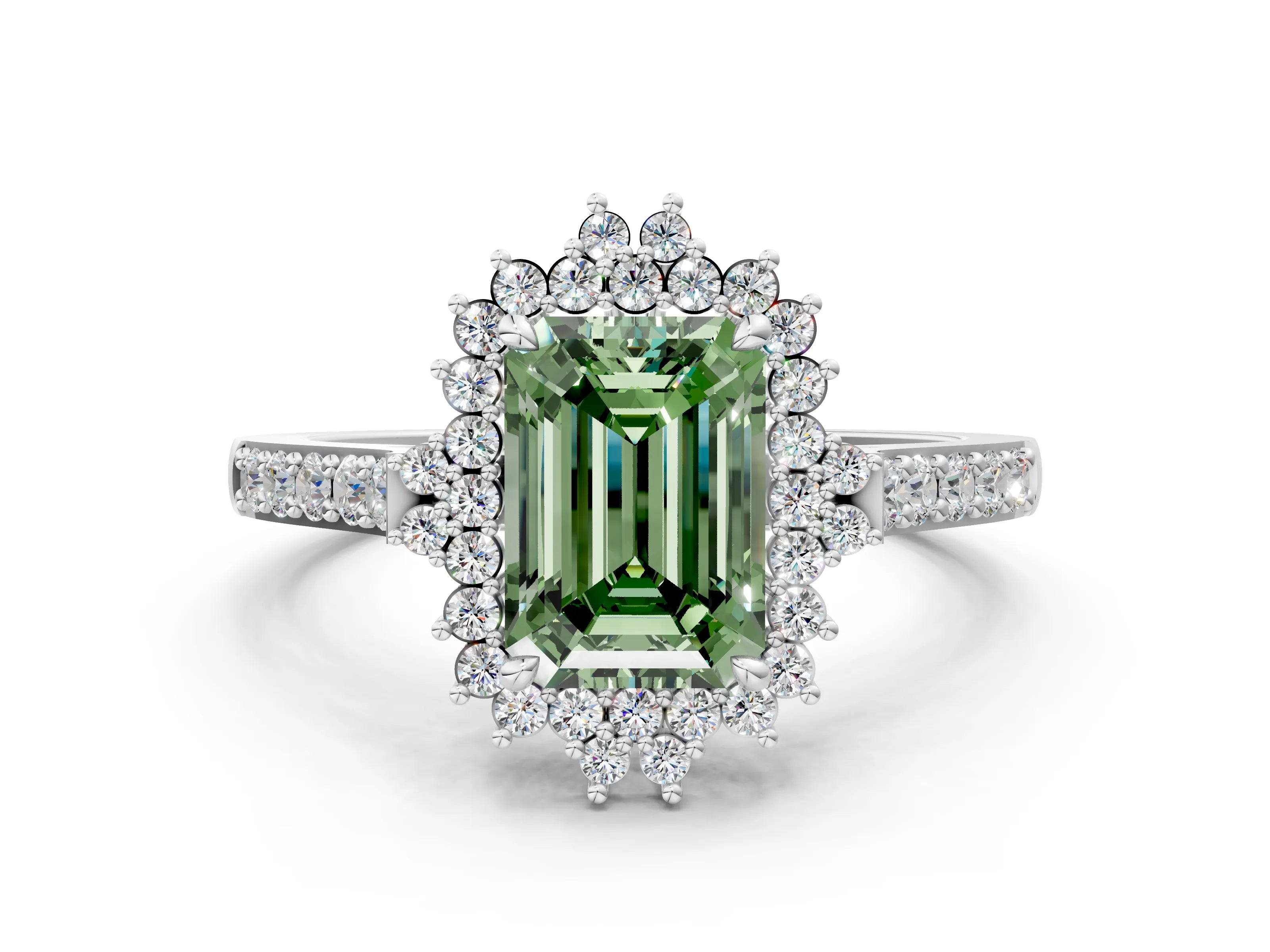 White gold Fancy Green Emerald Cut Cut Diamond Sunburst Halo Engagement Ring with Pavé Band