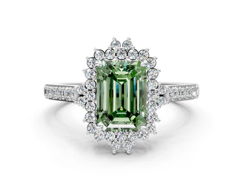 White gold Fancy Green Emerald Cut Cut Diamond Sunburst Halo Engagement Ring with Pavé Band