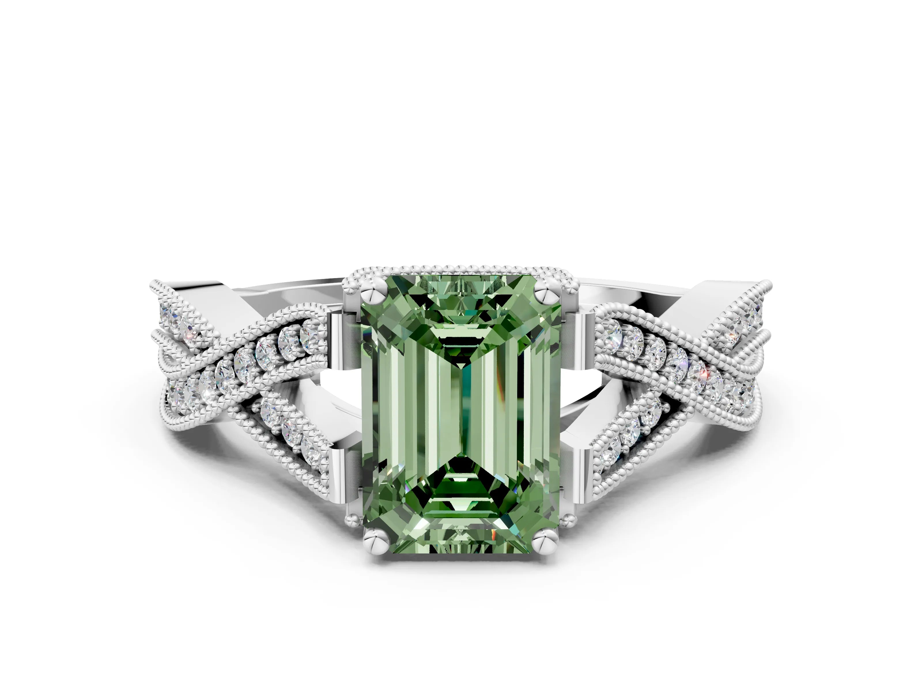 White gold Fancy Green Emerald Cut Cut Diamond Twisted Band with Milgrain Pave Setting and Four-Prong Setting