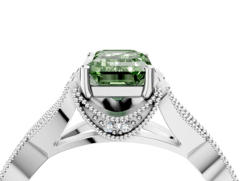 White gold Fancy Green Emerald Cut Cut Diamond Twisted Band with Milgrain Pave Setting and Four-Prong Setting_10