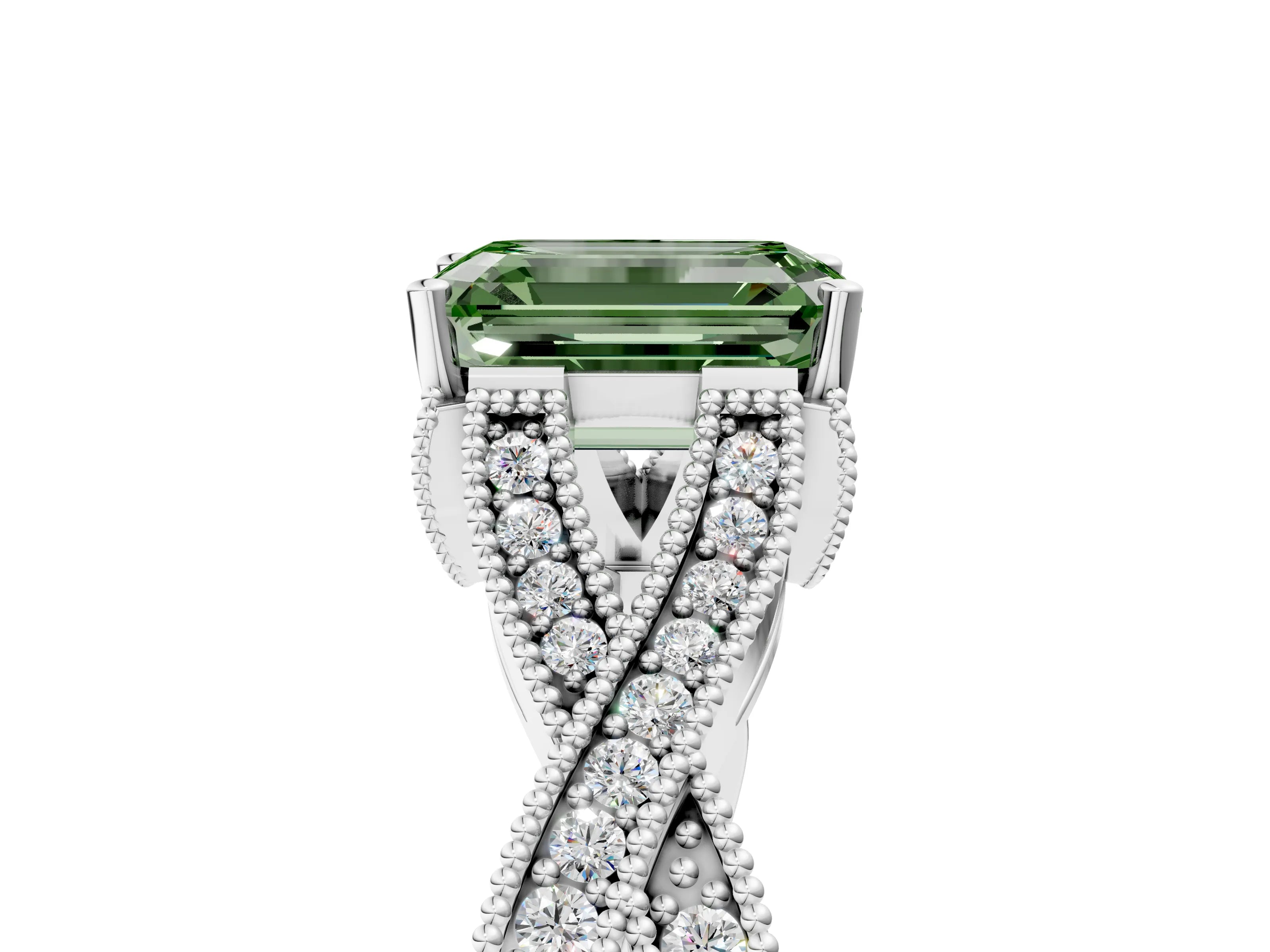 White gold Fancy Green Emerald Cut Cut Diamond Twisted Band with Milgrain Pave Setting and Four-Prong Setting_11