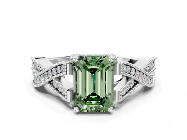 White Gold Emerald Cut Graduated Pave Twist Engagement Ring Setting for Fancy Green Center