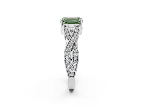 White Gold Emerald Cut Graduated Pave Twist Engagement Ring Setting for Fancy Green Center