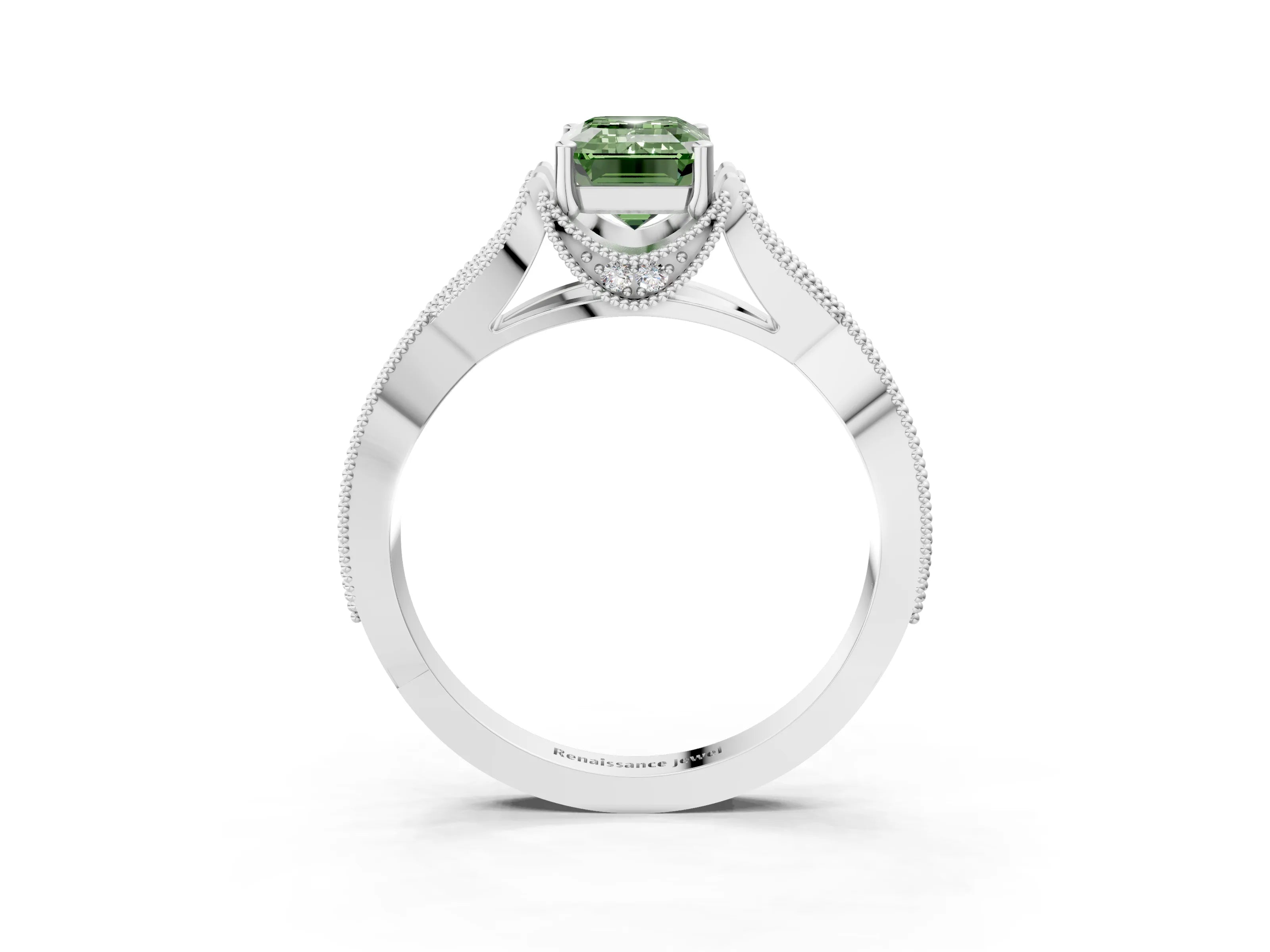 White gold Fancy Green Emerald Cut Cut Diamond Twisted Band with Milgrain Pave Setting and Four-Prong Setting_16