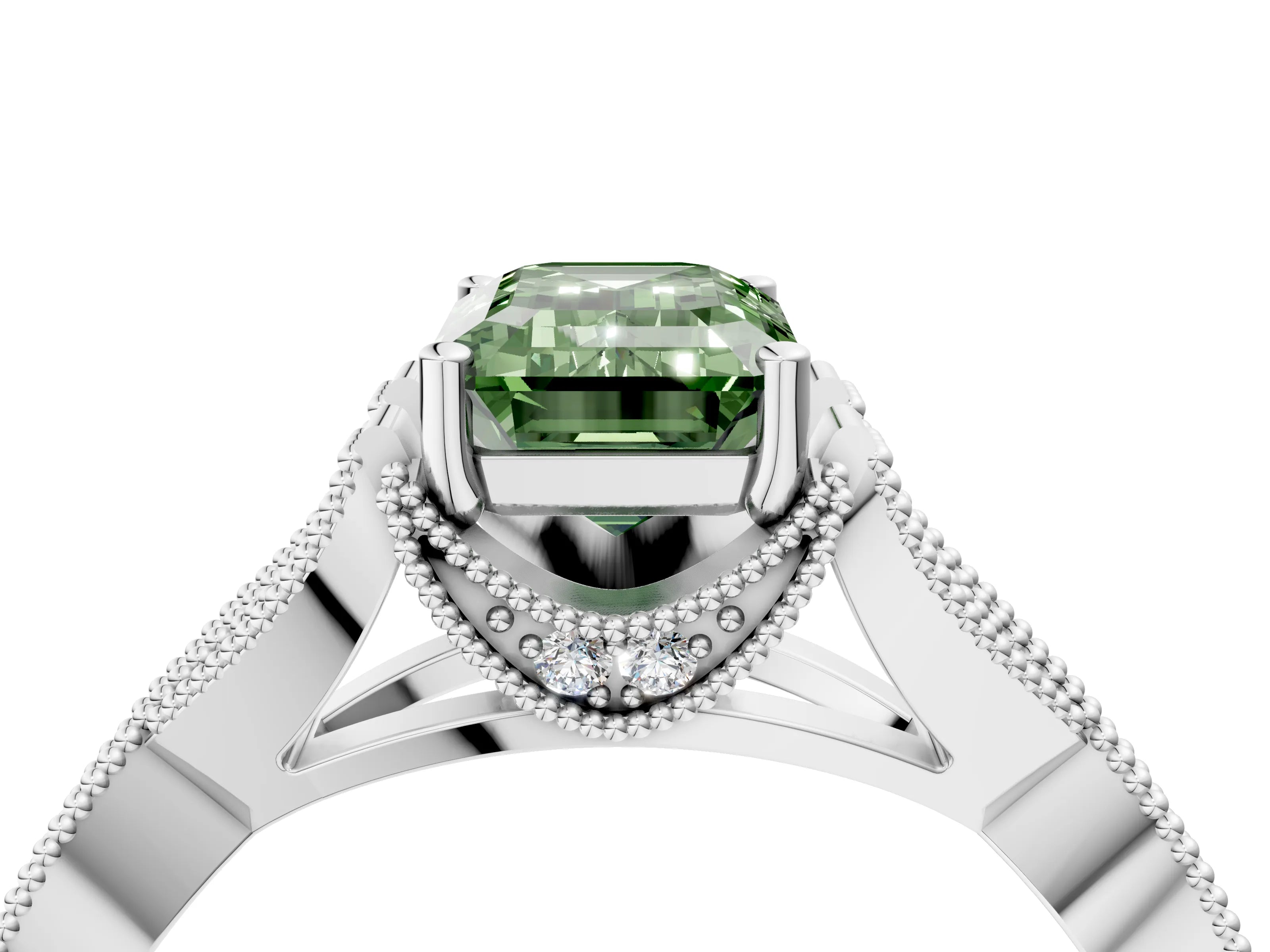 White gold Fancy Green Emerald Cut Cut Diamond Twisted Band with Milgrain Pave Setting and Four-Prong Setting_17