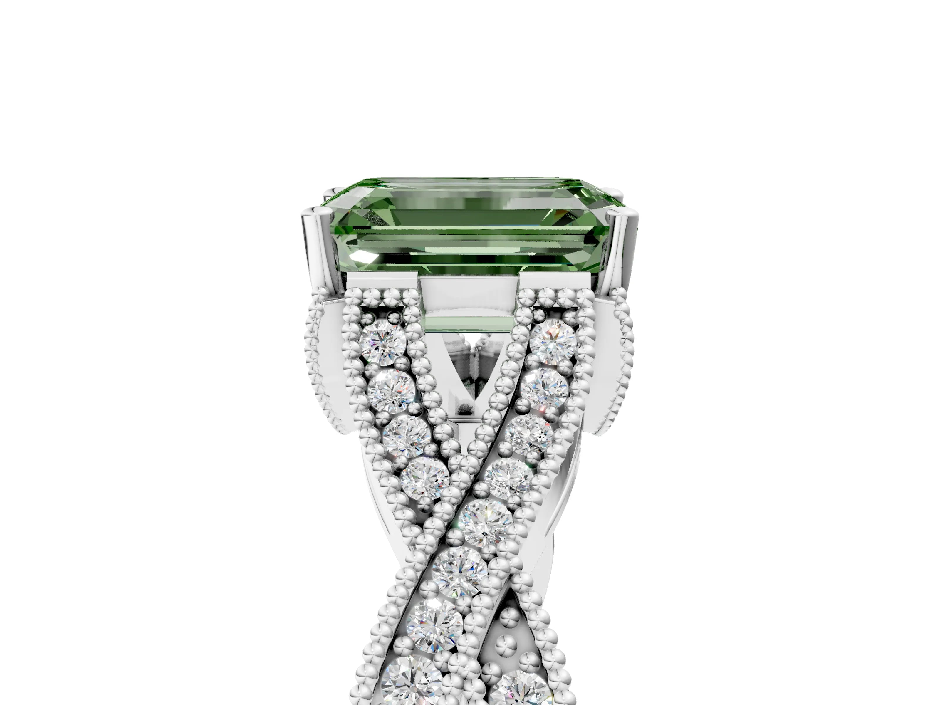 White gold Fancy Green Emerald Cut Cut Diamond Twisted Band with Milgrain Pave Setting and Four-Prong Setting_17
