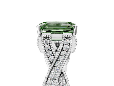 White gold Fancy Green Emerald Cut Cut Diamond Twisted Band with Milgrain Pave Setting and Four-Prong Setting_17