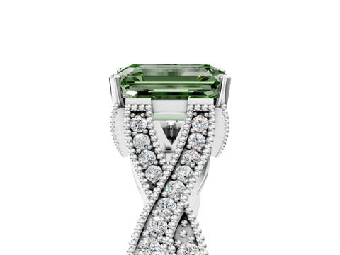 White gold Fancy Green Emerald Cut Cut Diamond Twisted Band with Milgrain Pave Setting and Four-Prong Setting_18