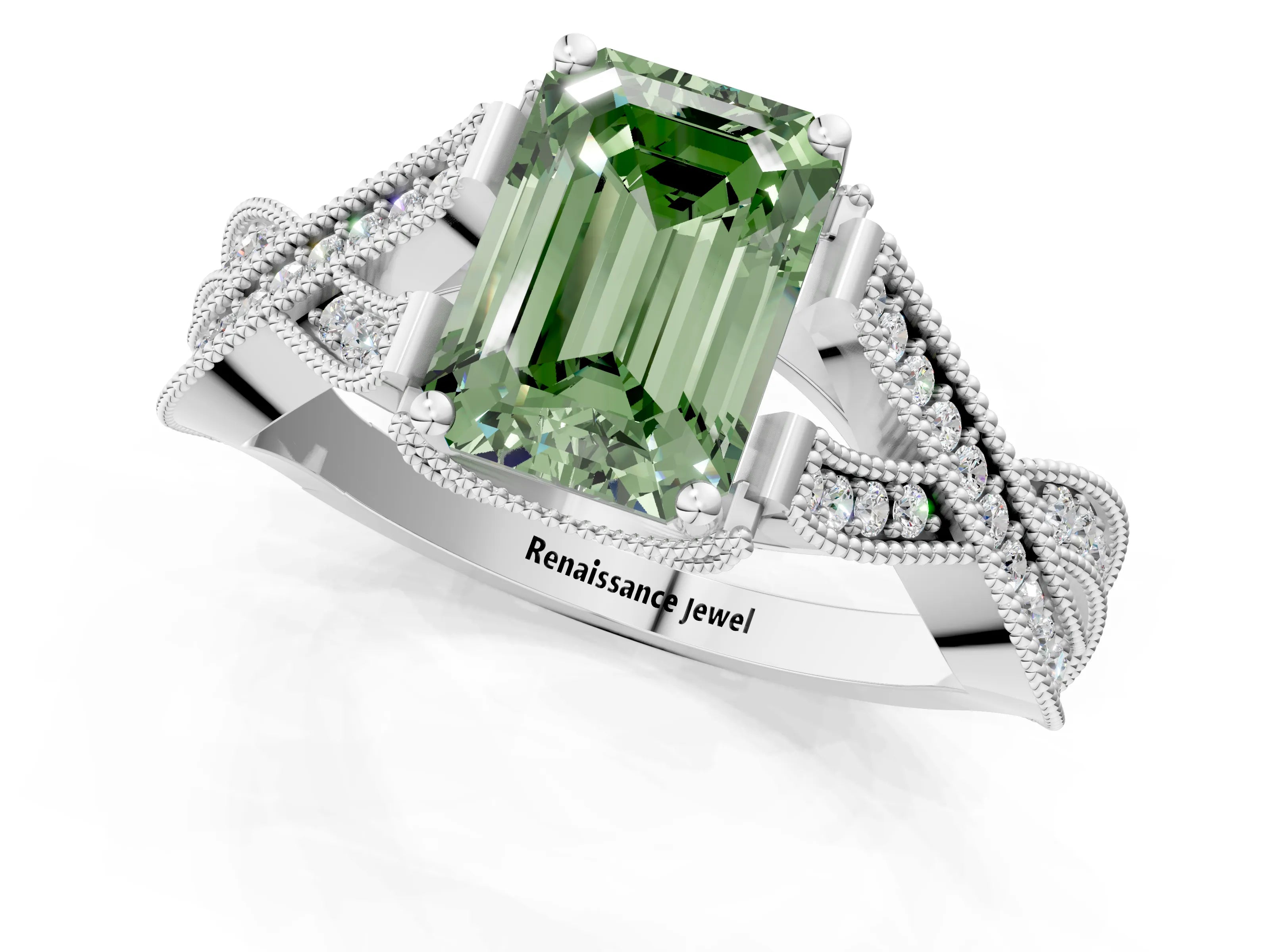 White gold Fancy Green Emerald Cut Cut Diamond Twisted Band with Milgrain Pave Setting and Four-Prong Setting_1