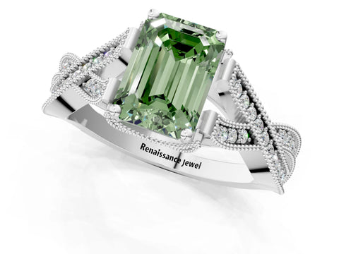 White gold Fancy Green Emerald Cut Cut Diamond Twisted Band with Milgrain Pave Setting and Four-Prong Setting_1