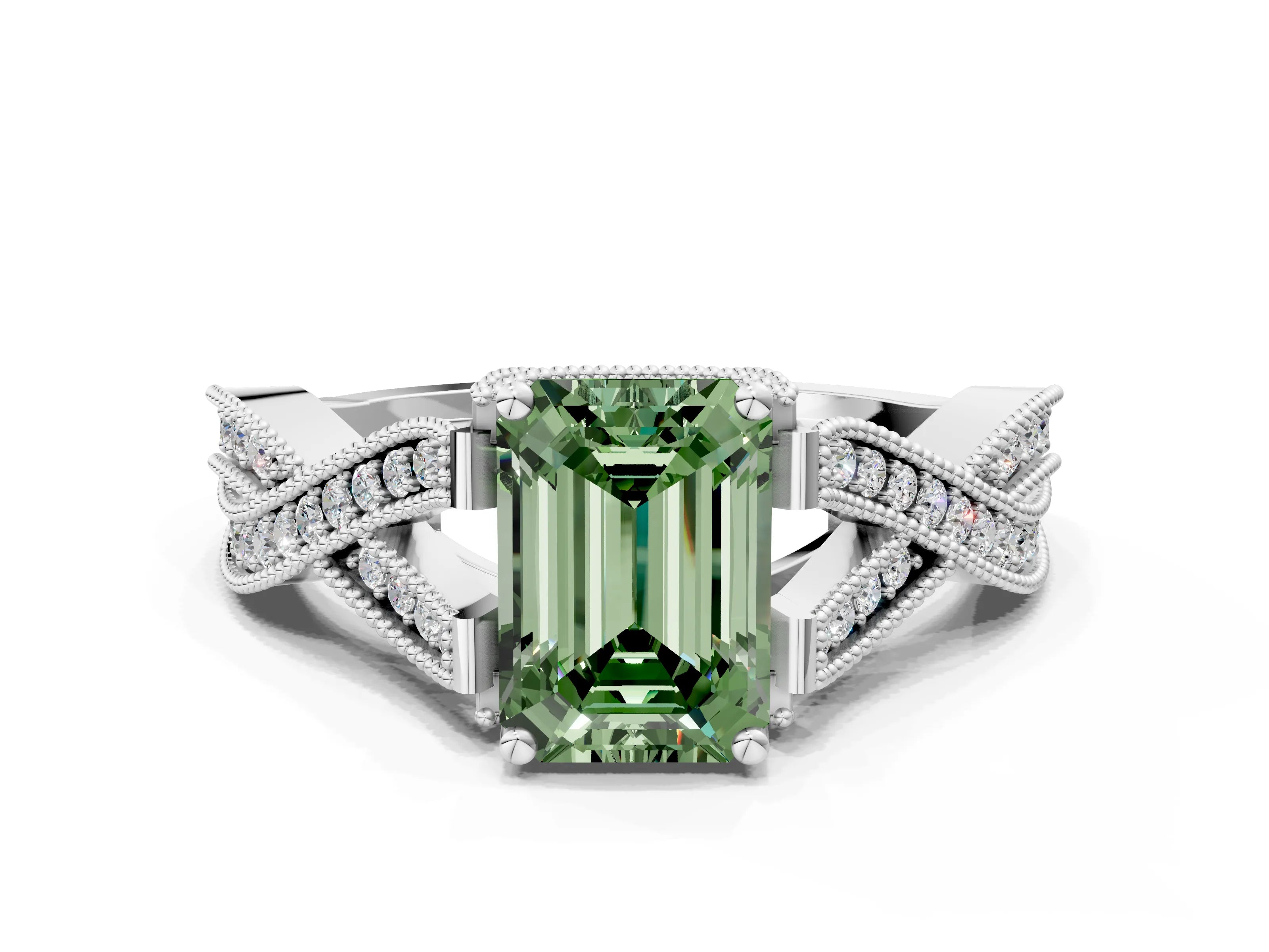 White gold Fancy Green Emerald Cut Cut Diamond Twisted Band with Milgrain Pave Setting and Four-Prong Setting