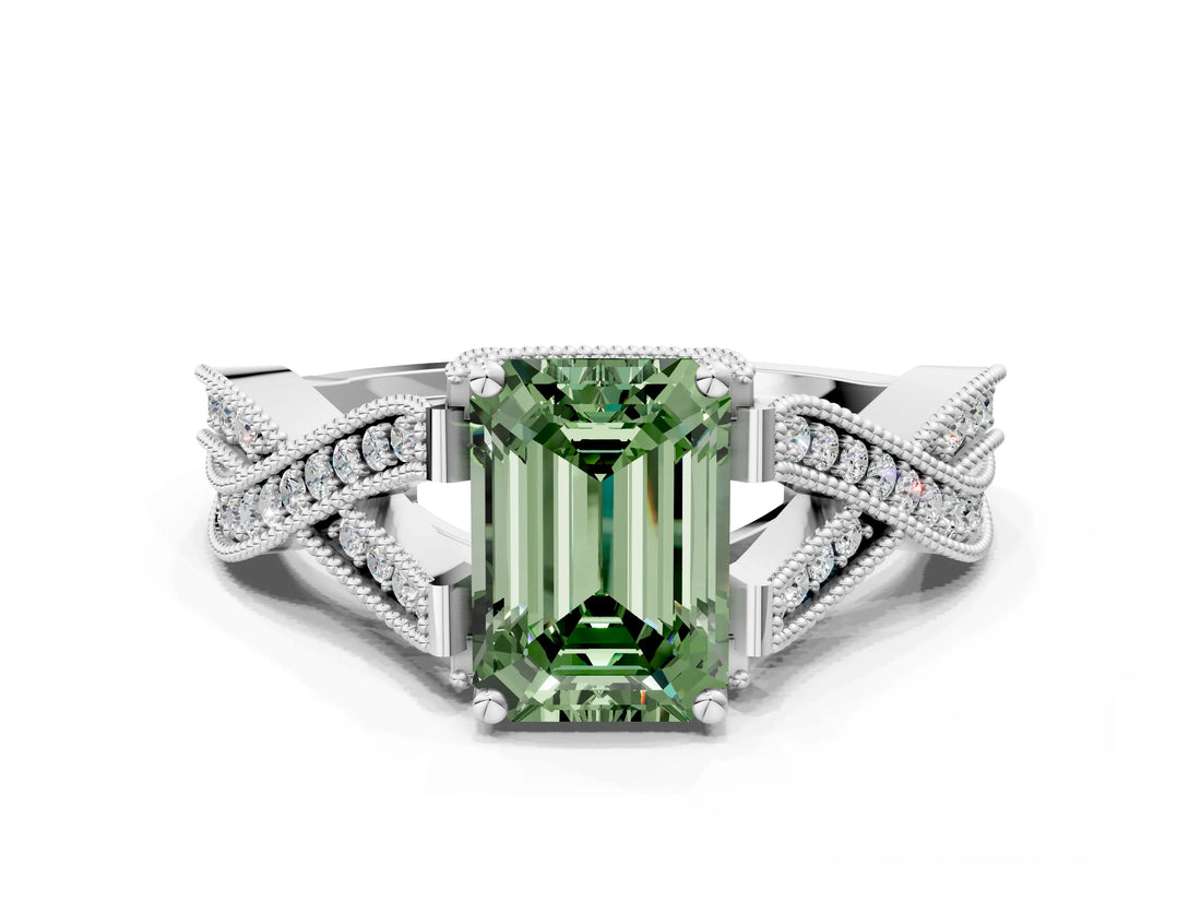 White gold Fancy Green Emerald Cut Cut Diamond Twisted Band with Milgrain Pave Setting and Four-Prong Setting