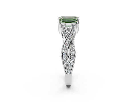 White gold Fancy Green Emerald Cut Cut Diamond Twisted Band with Milgrain Pave Setting and Four-Prong Setting_2