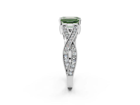 White gold Fancy Green Emerald Cut Cut Diamond Twisted Band with Milgrain Pave Setting and Four-Prong Setting_2