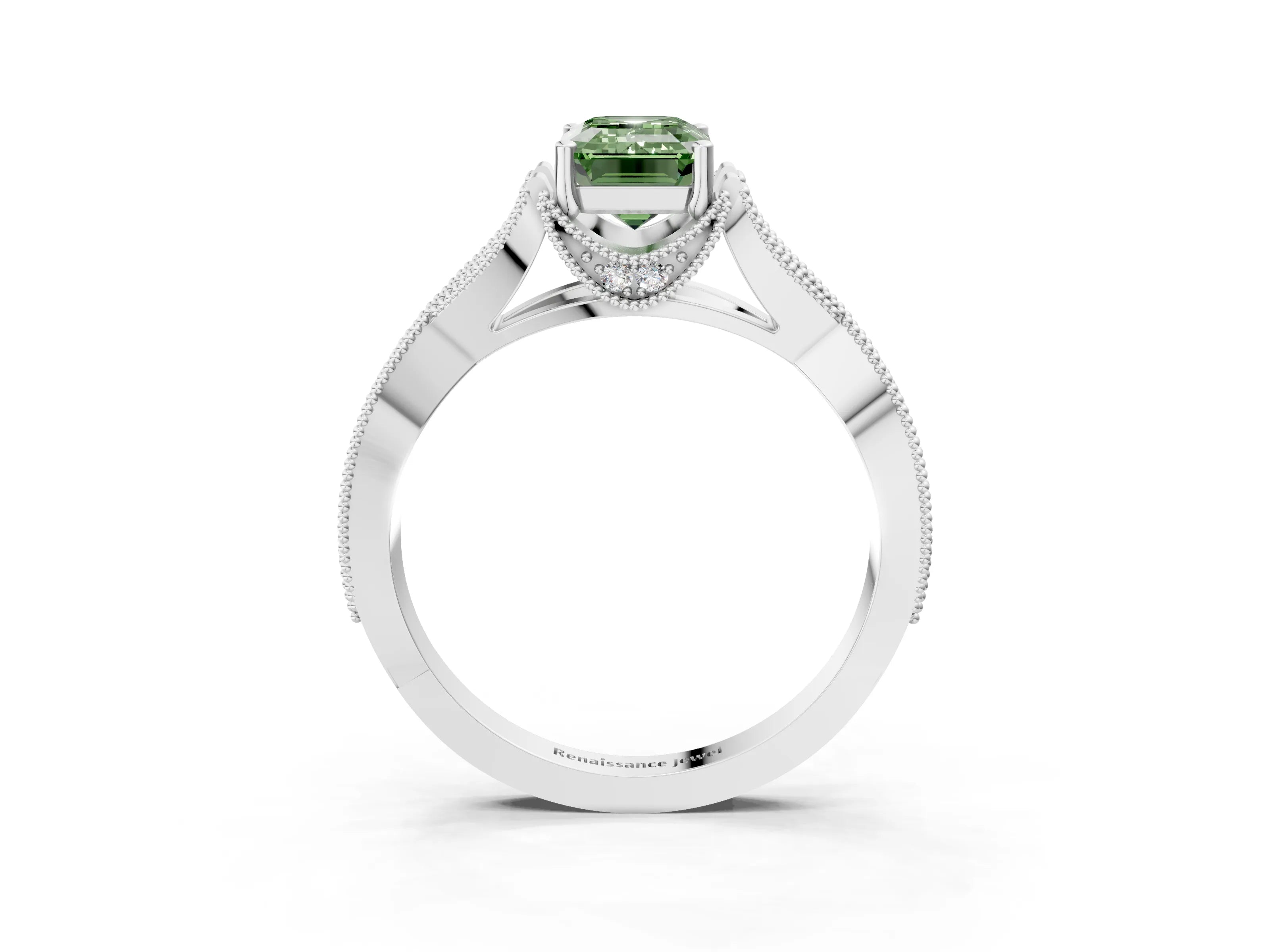 White gold Fancy Green Emerald Cut Cut Diamond Twisted Band with Milgrain Pave Setting and Four-Prong Setting_3