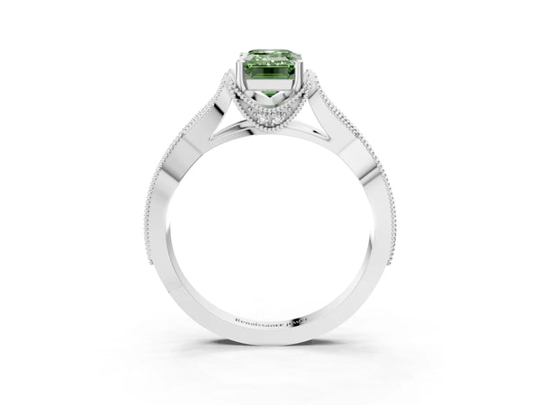 Platinum Emerald Cut Graduated Pave Twist Engagement Ring Setting for Fancy Green Center