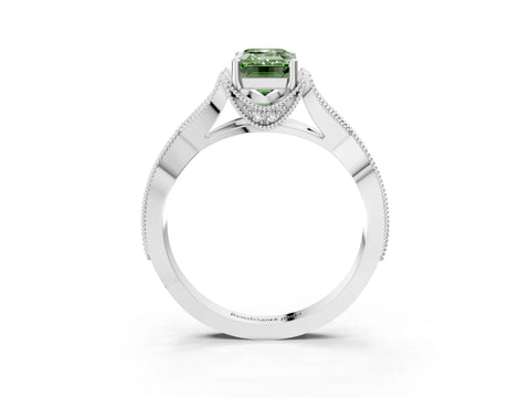 White gold Fancy Green Emerald Cut Cut Diamond Twisted Band with Milgrain Pave Setting and Four-Prong Setting_9