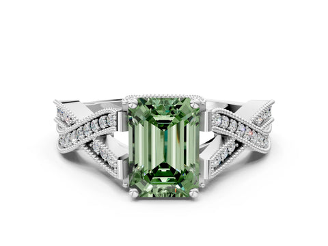 White gold Fancy Green Emerald Cut Cut Diamond Twisted Band with Milgrain Pave Setting and Four-Prong Setting