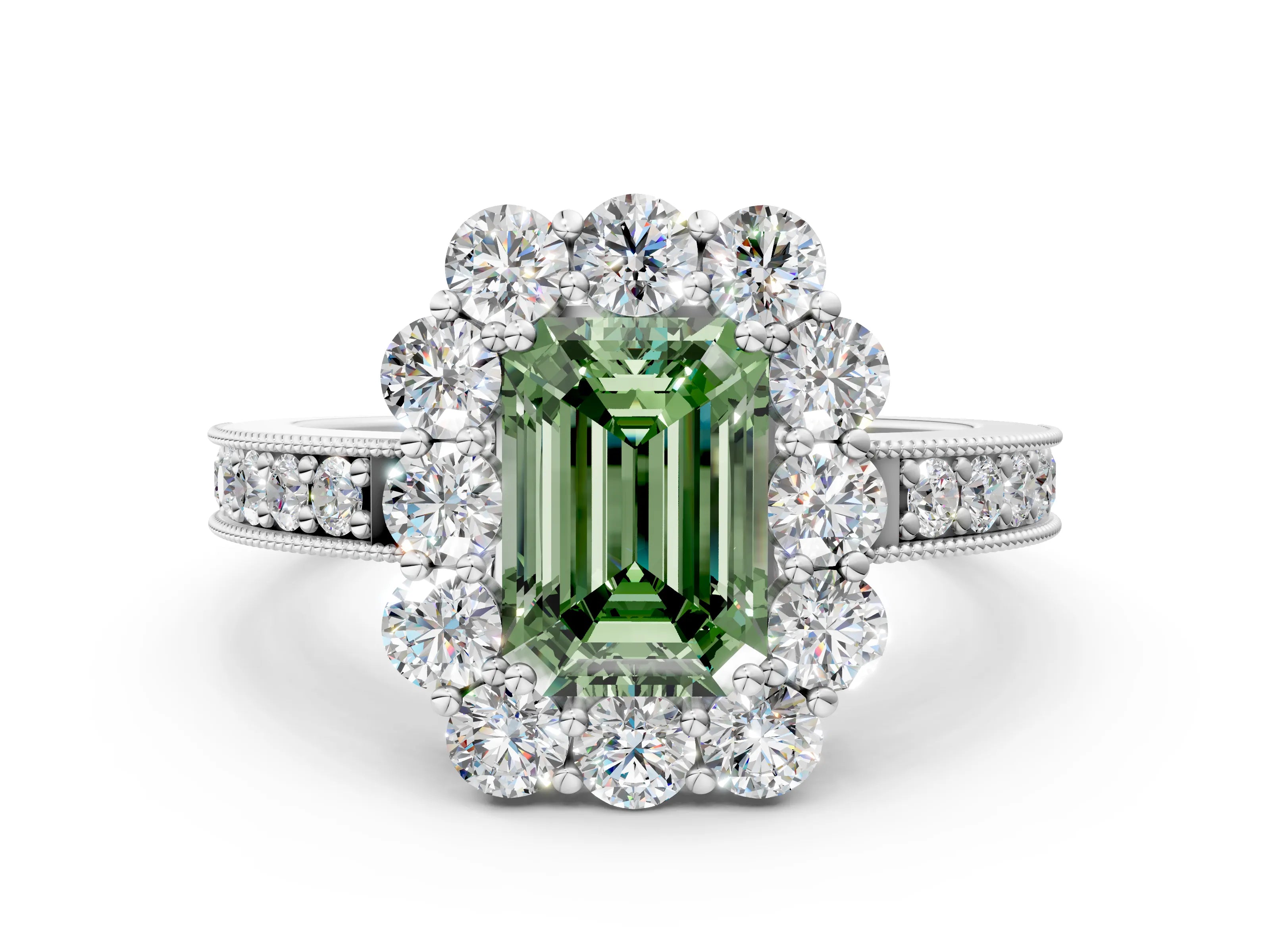 White gold Fancy Green Emerald Cut Cut Halo Diamond Pavé Engagement Ring with Milgrain Detailing_12