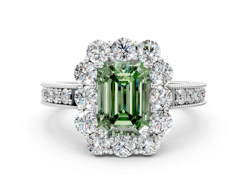 White gold Fancy Green Emerald Cut Cut Halo Diamond Pavé Engagement Ring with Milgrain Detailing_12