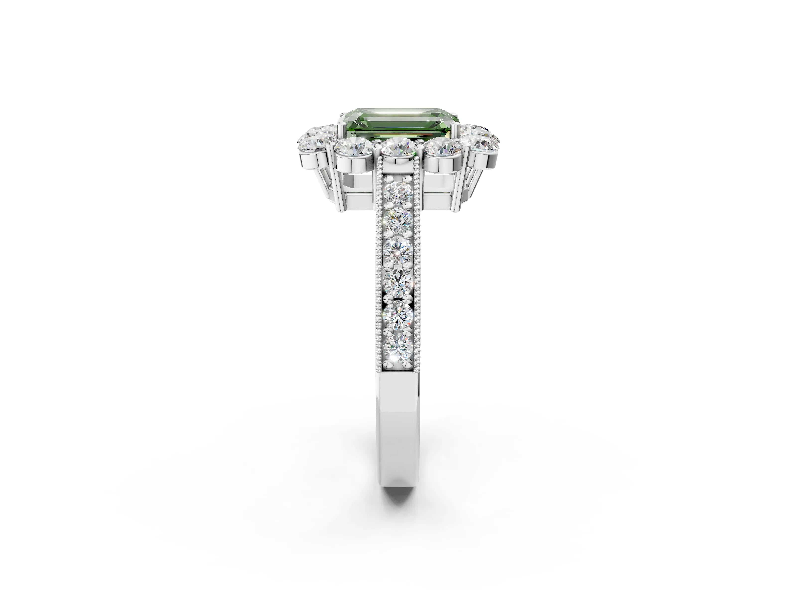 White gold Fancy Green Emerald Cut Cut Halo Diamond Pavé Engagement Ring with Milgrain Detailing_14